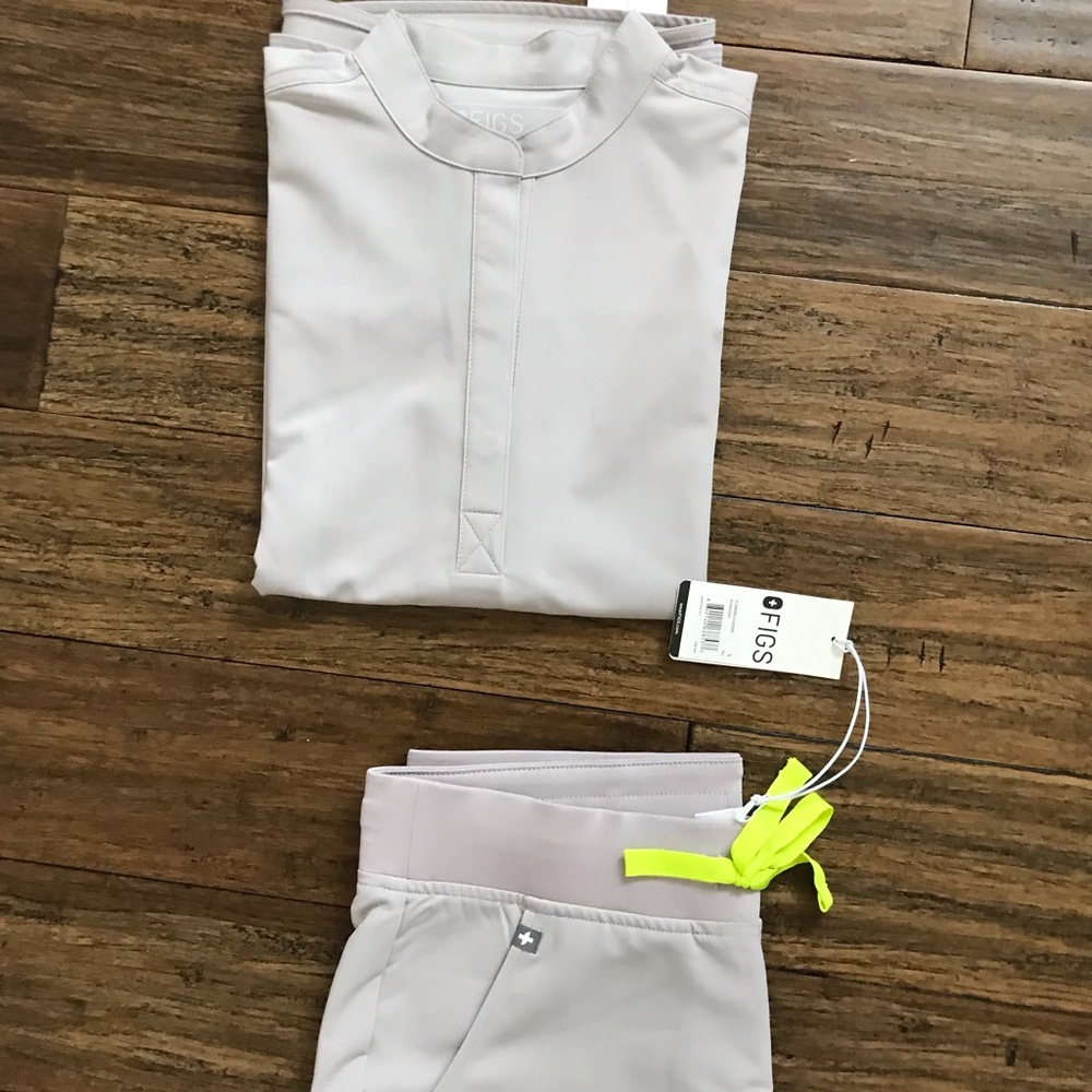 FIGS slate Zamora pants and rafaela mandarin top